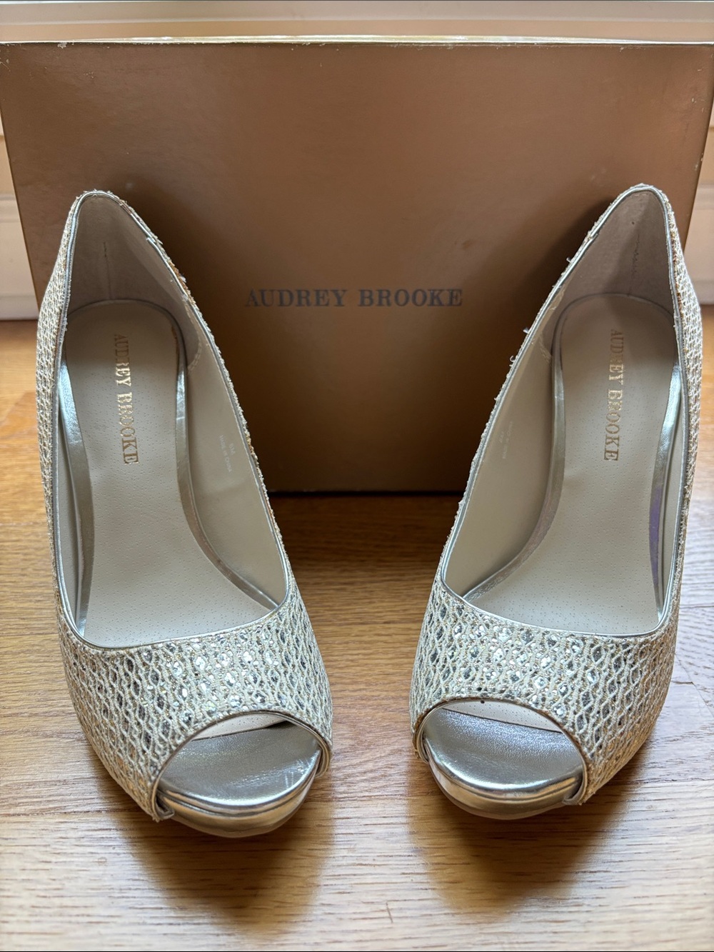 Audrey Brooke Gold Open-Toe Woven Heels